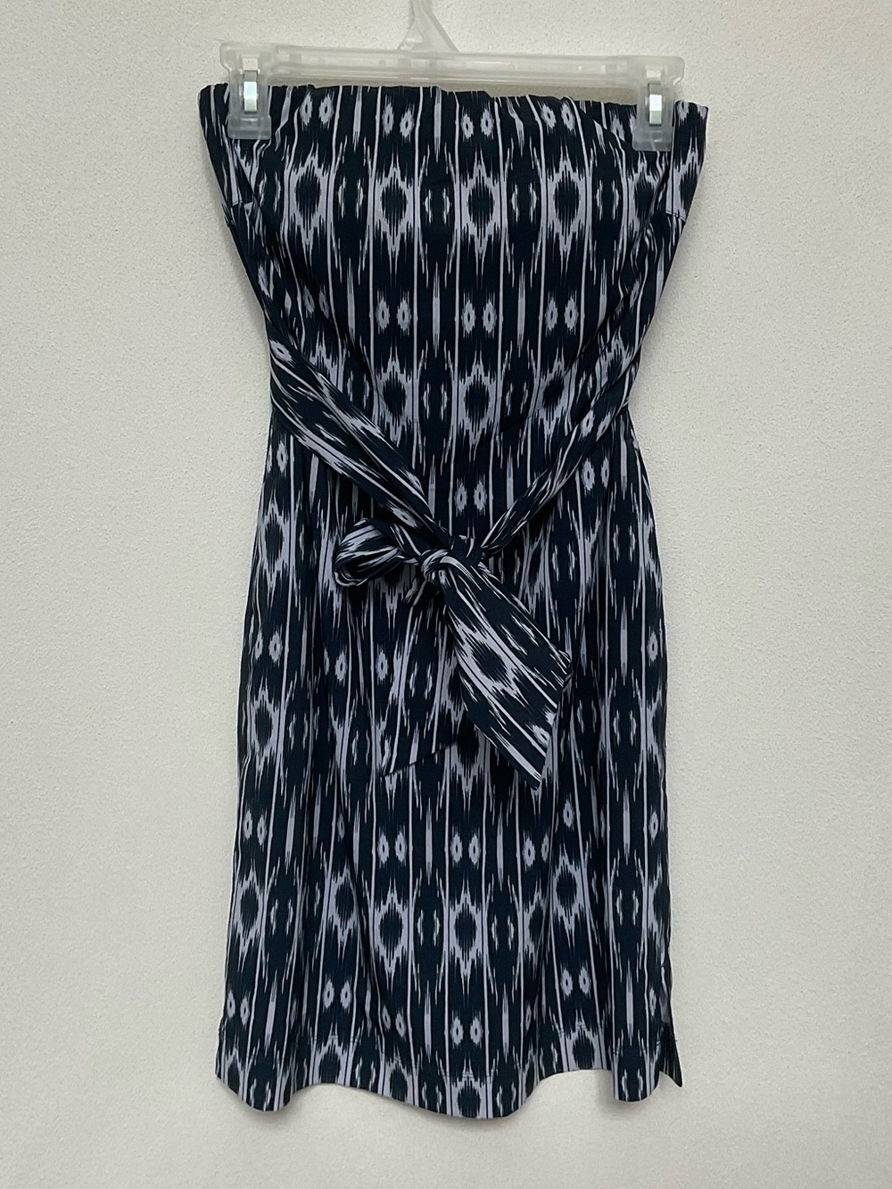Athleta Anywhere Strapless Dress Navy Blue, White Ikat Pattern Belt Size 0